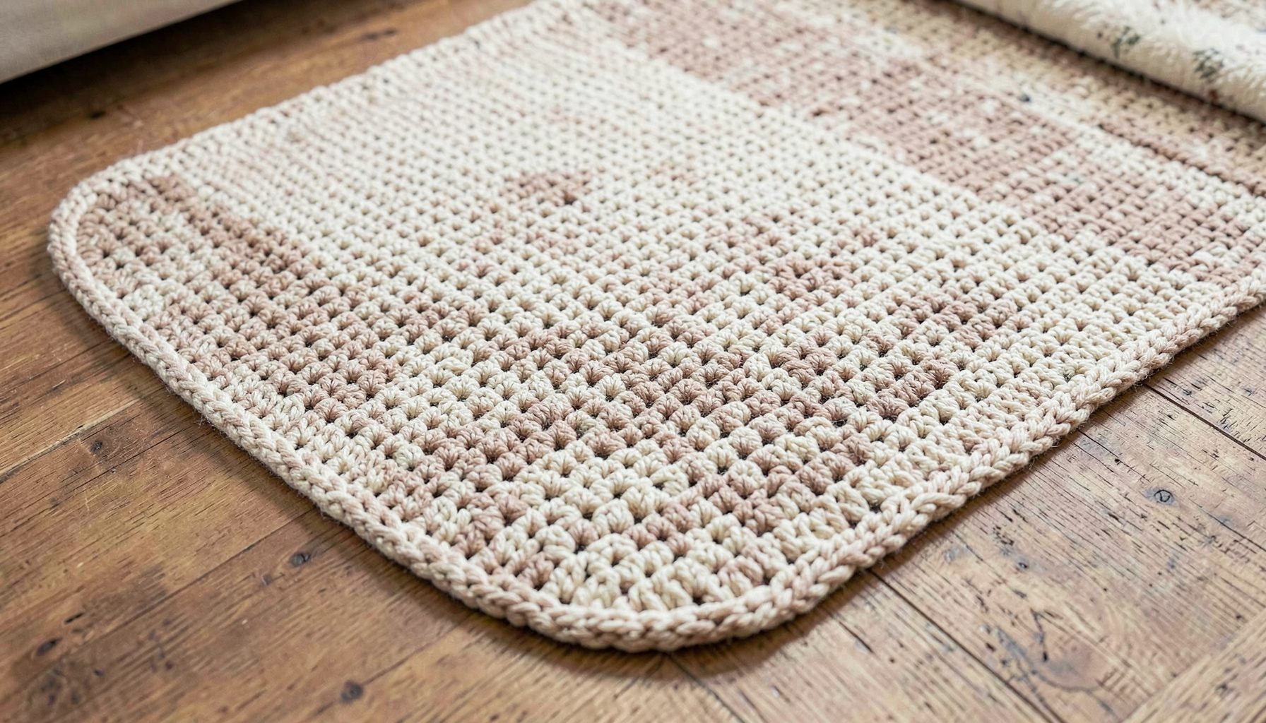 A handmade crochet rug in natural beige and cream tones on a wooden floor, cozy and tactile