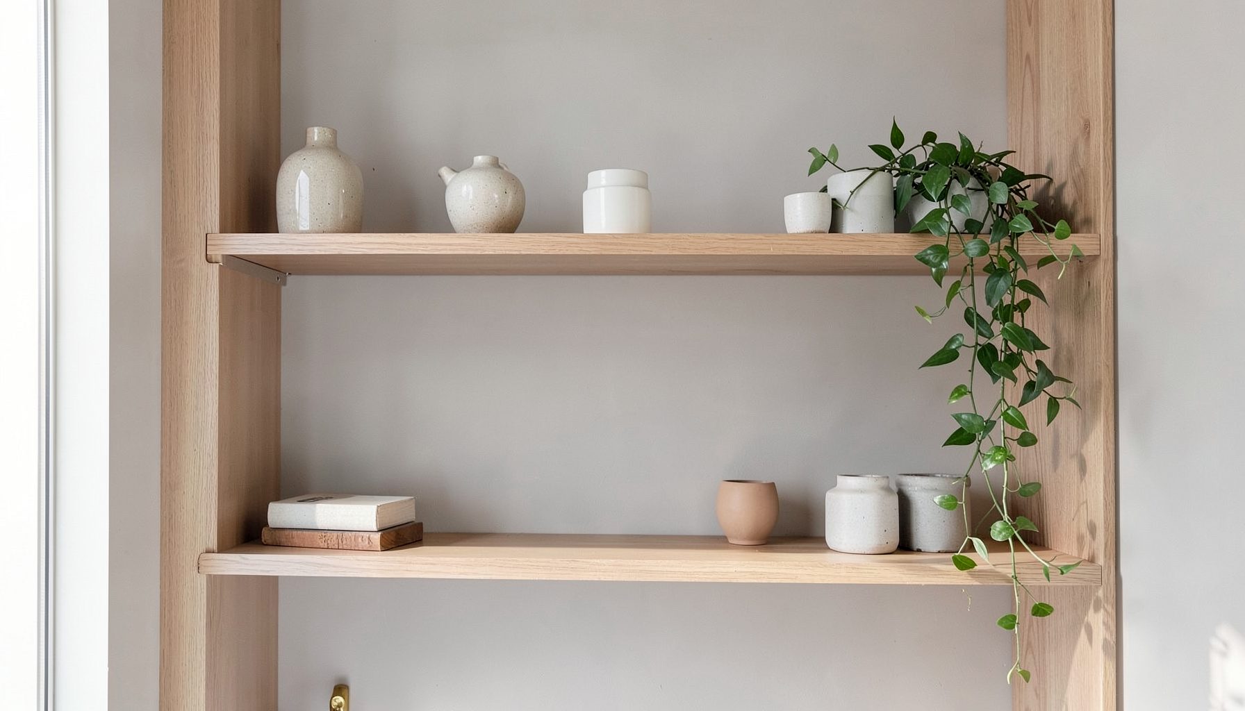 Wooden shelving with small decorative objects and a trailing plant, clean and modern interior styling