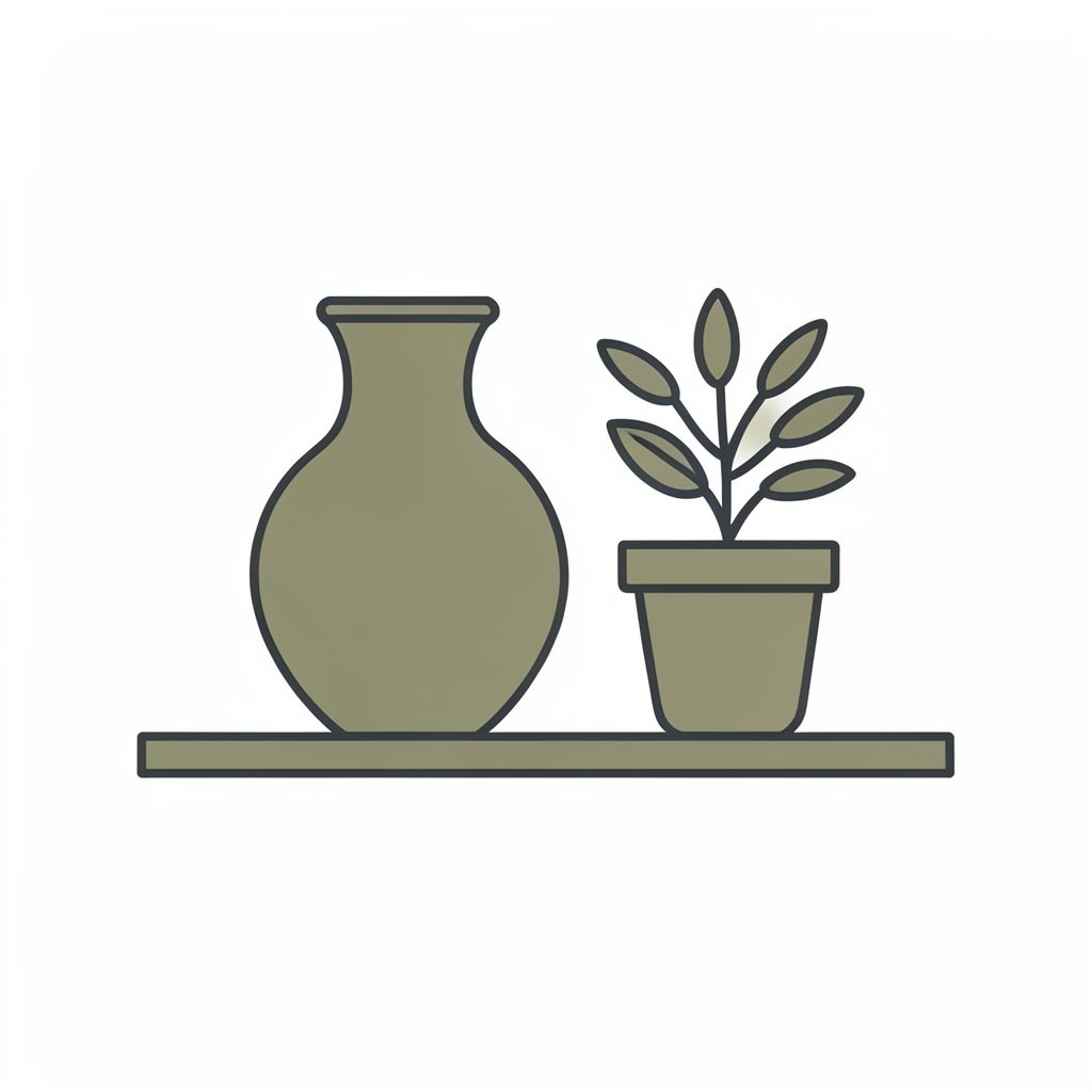 A simple line-art illustration of a decorative vase and a small potted plant on a shelf, in muted olive and charcoal tones