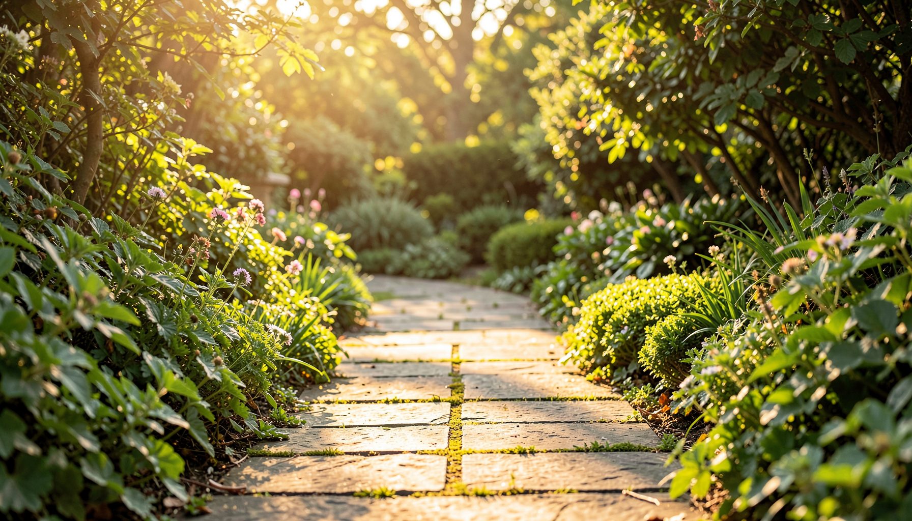 A sunlit garden path with paving stones and green foliage, warm and inviting outdoor atmosphere