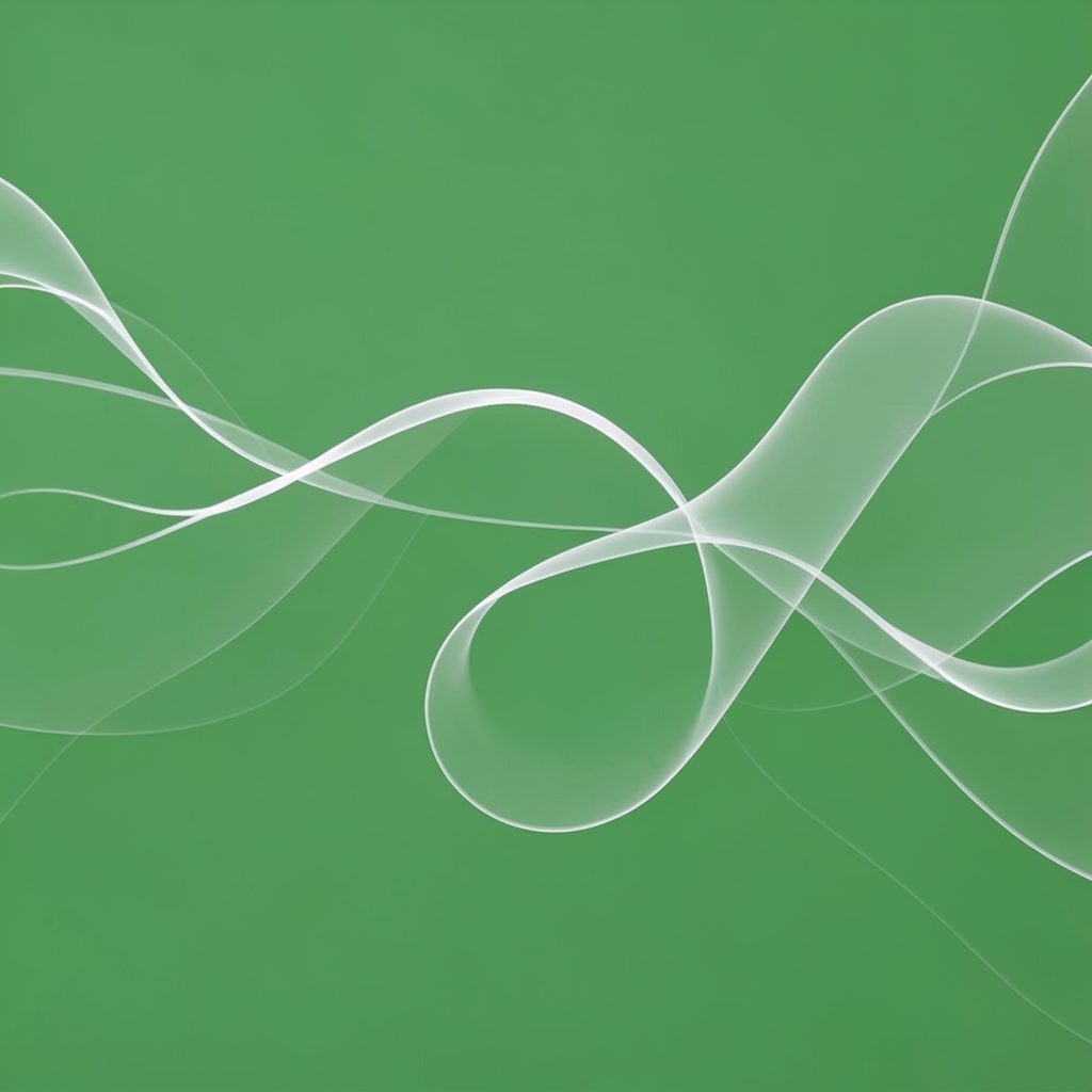 Soft flowing line-art swirl in translucent white, sweeping across a solid green background